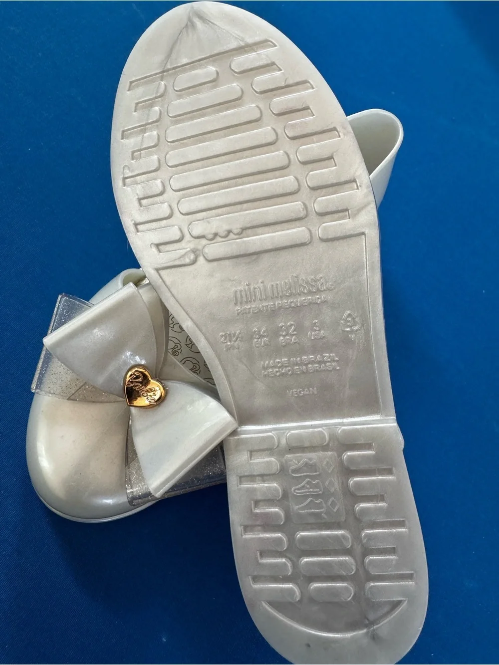 Barbie Pearl White Bow Strap Flats with Gold Heart